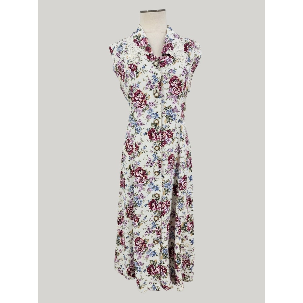Vintage Floral Shirt Dress Corset Back Cottage Rose Garden Party Retro Sz Medium